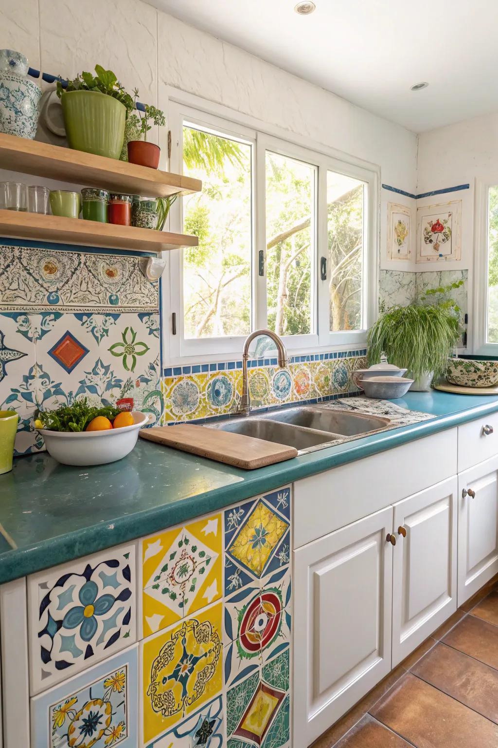 Ceramic tile countertops provide endless design possibilities with vibrant colors and patterns.