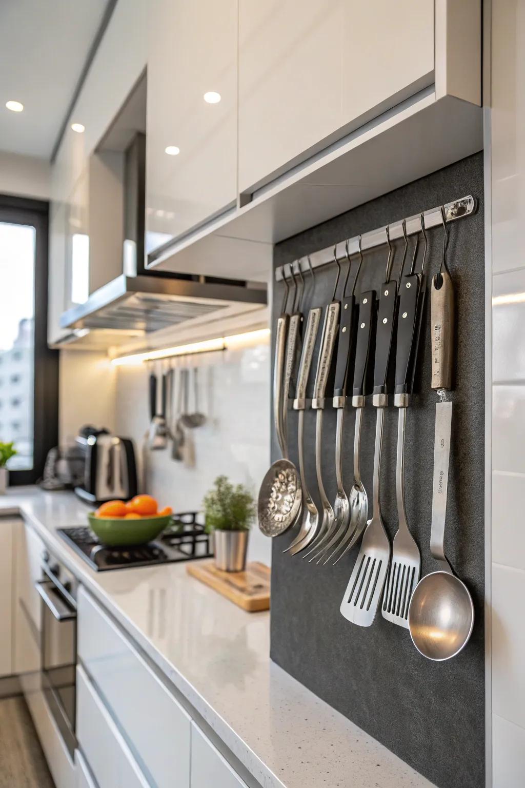 Magnetic strips keep metal utensils organized and accessible.