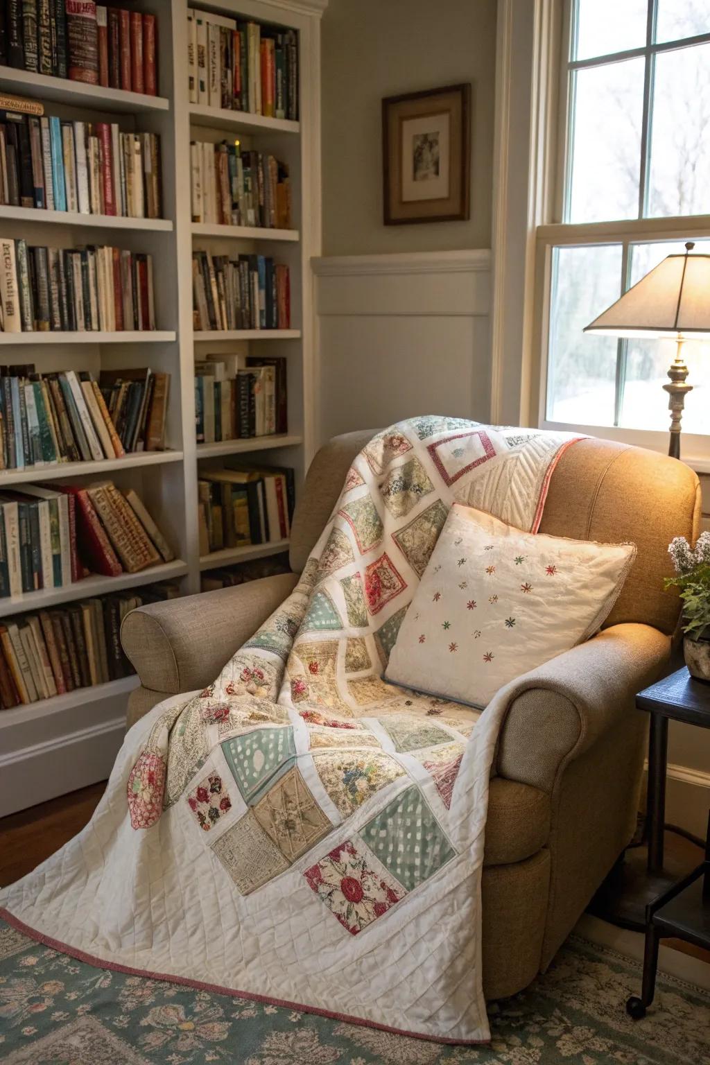 Wrap yourself in warmth with a quilted throw of vintage linens.