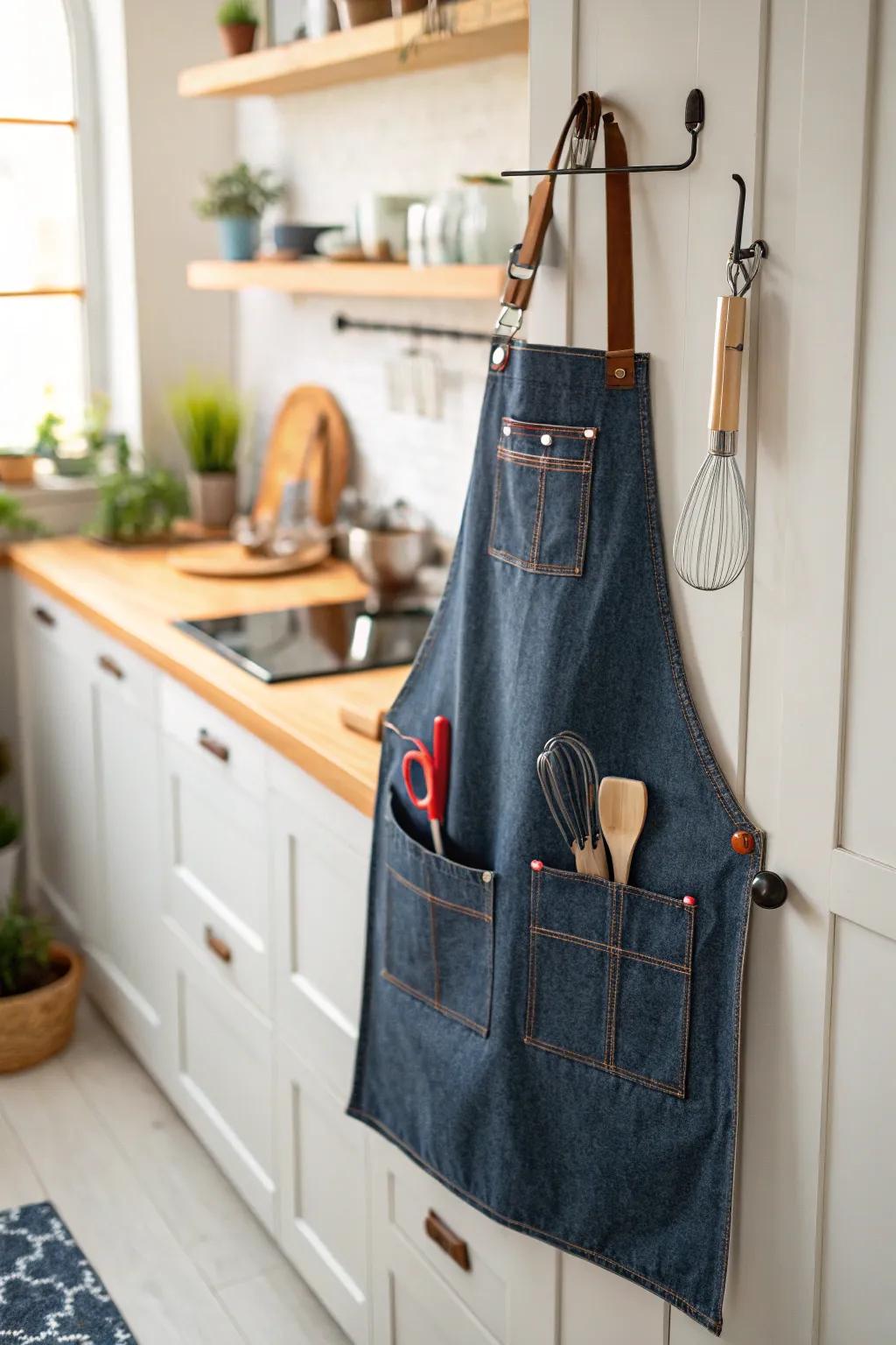 Craft a handy denim apron for your kitchen or crafting sessions.