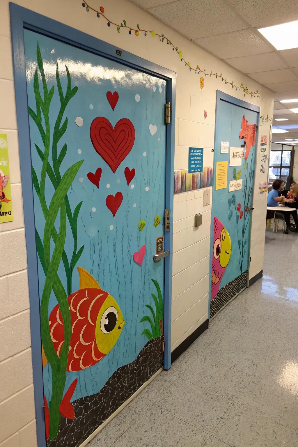 Dive into love with this creative underwater-themed door decoration.