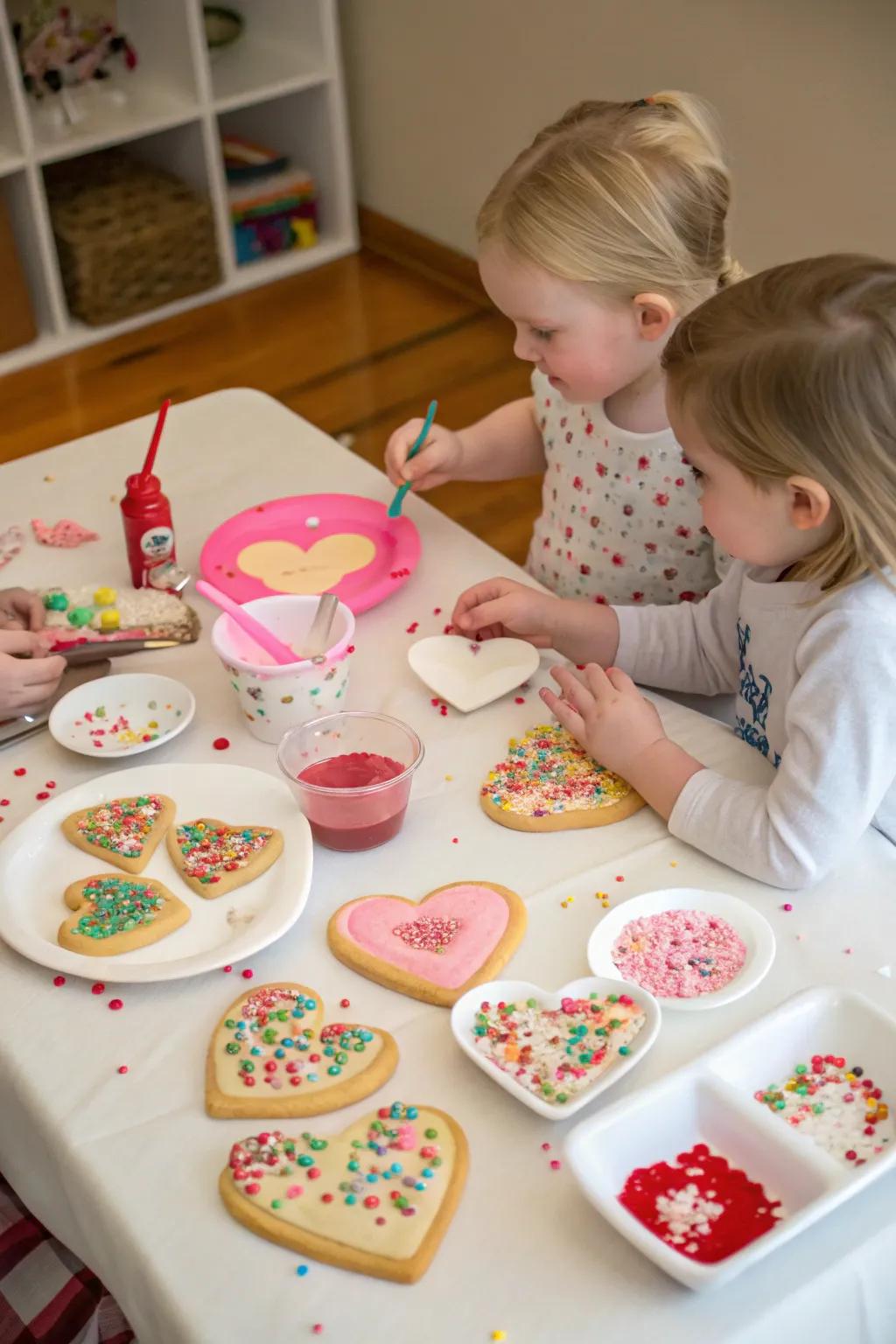 Little bakers at work decorating Valentine's cookies.