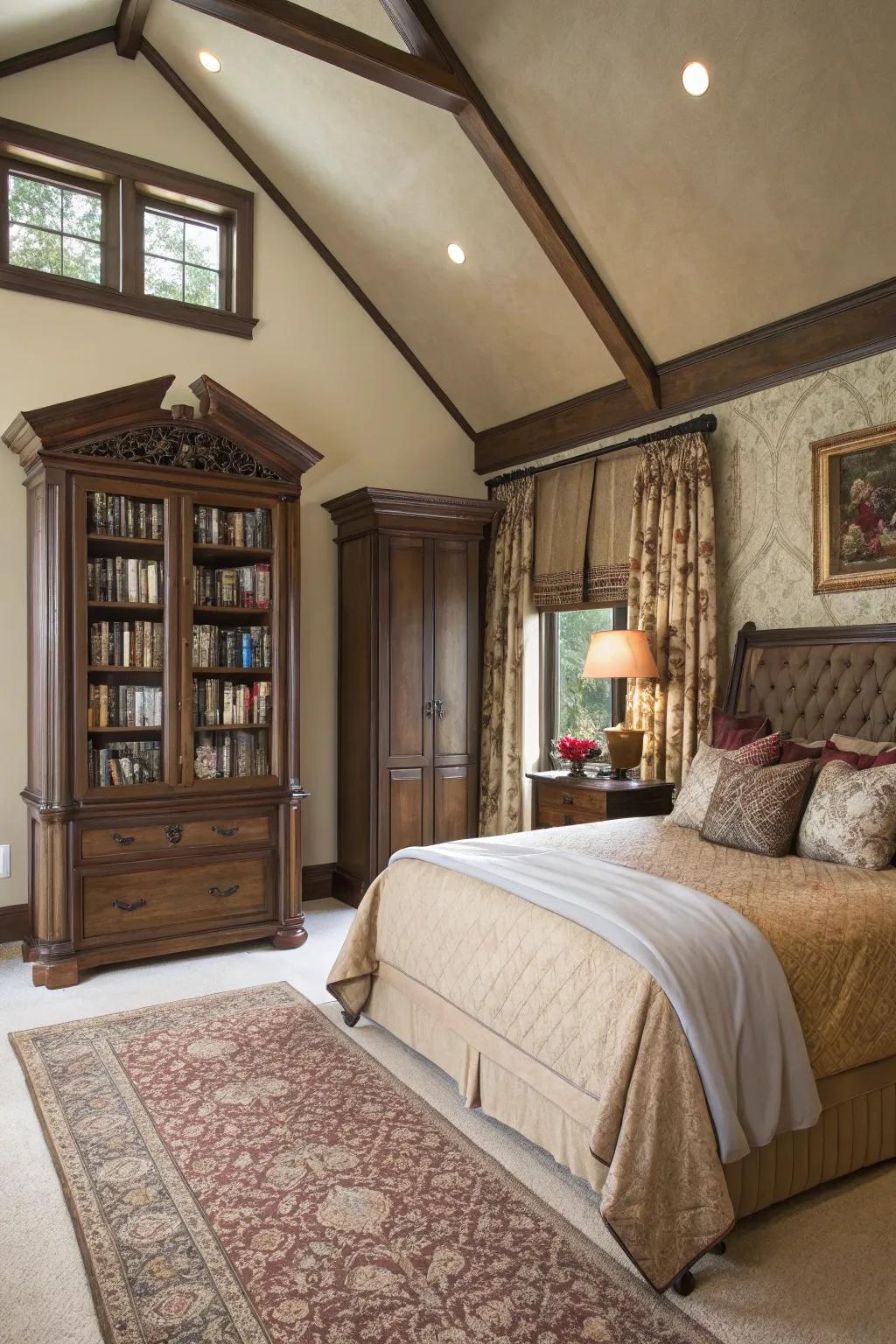 Tall furniture pieces can enhance the verticality of a vaulted ceiling.