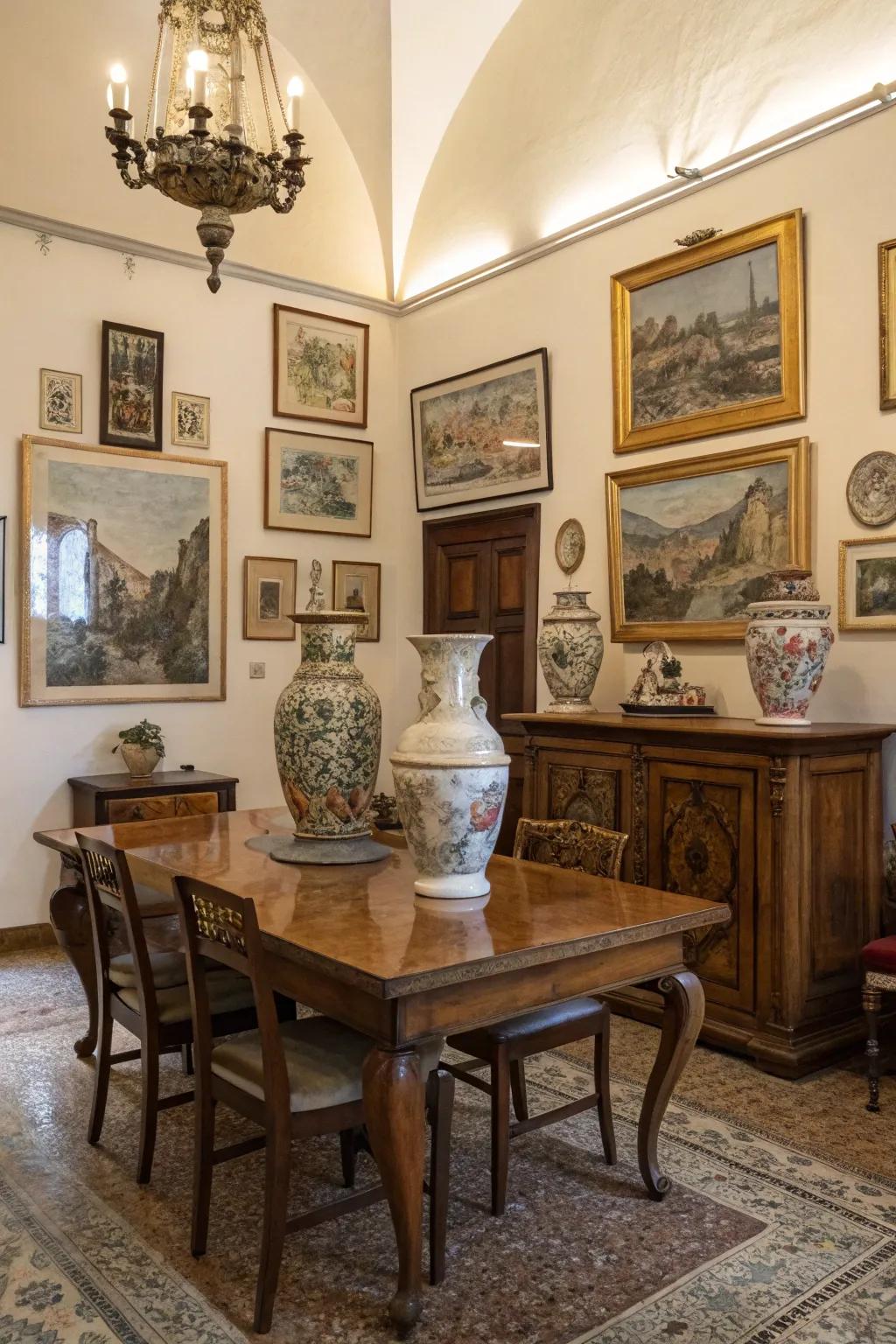 Antique decor elements add personality and history to this vintage dining room.