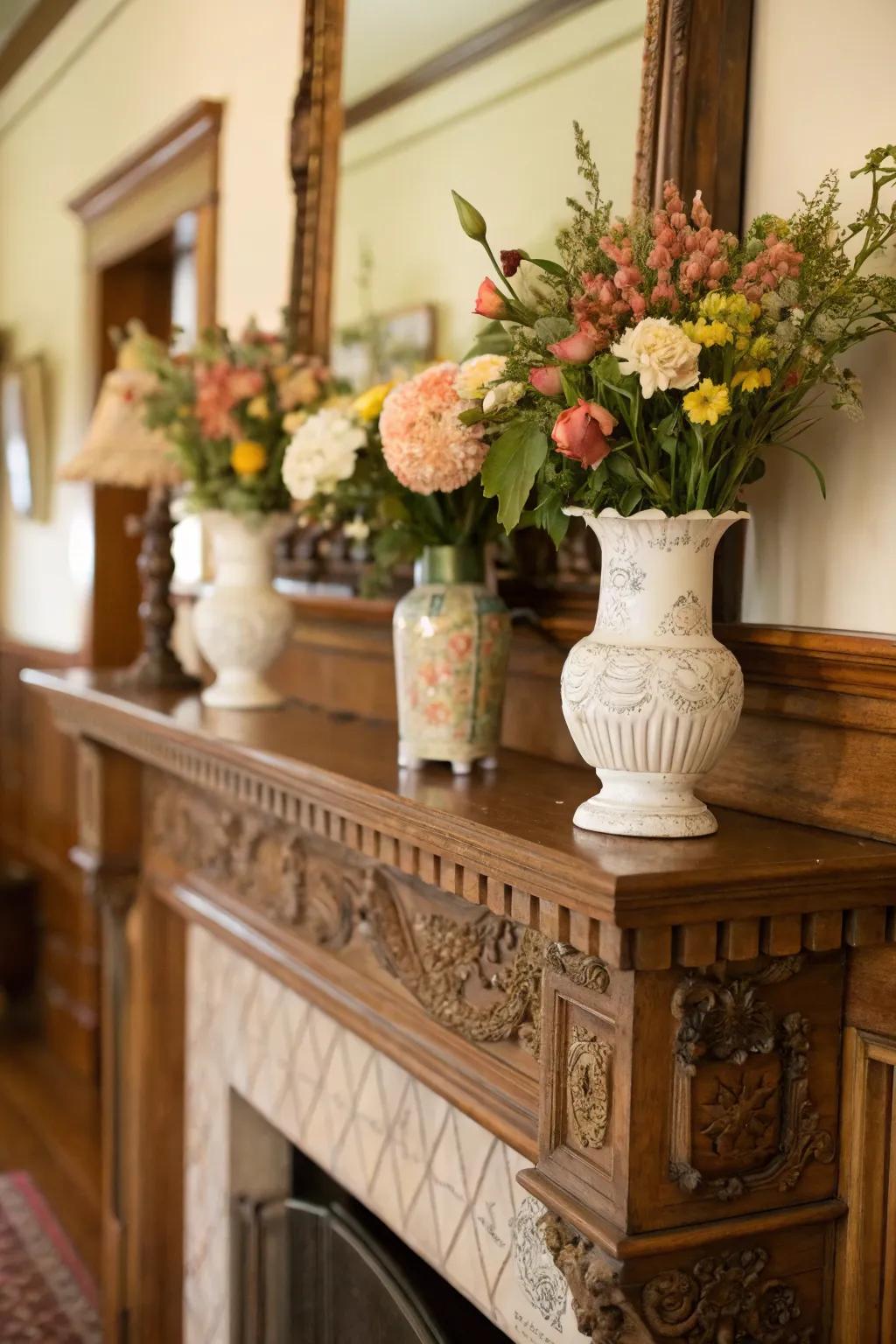 Fresh blooms in vintage vases bring life to this classic mantel arrangement.