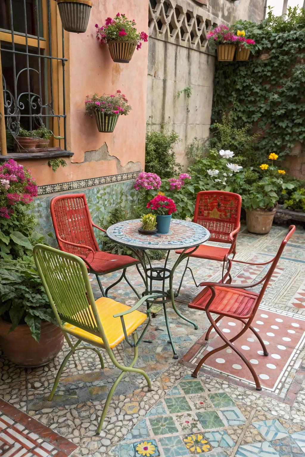 Retro metal chairs create a nostalgic seating area on this colorful patio.