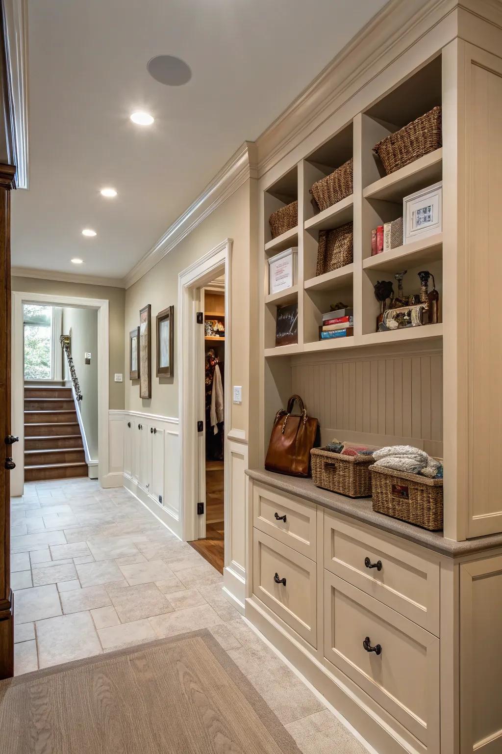 Integrate storage with wainscoting for a functional hallway.