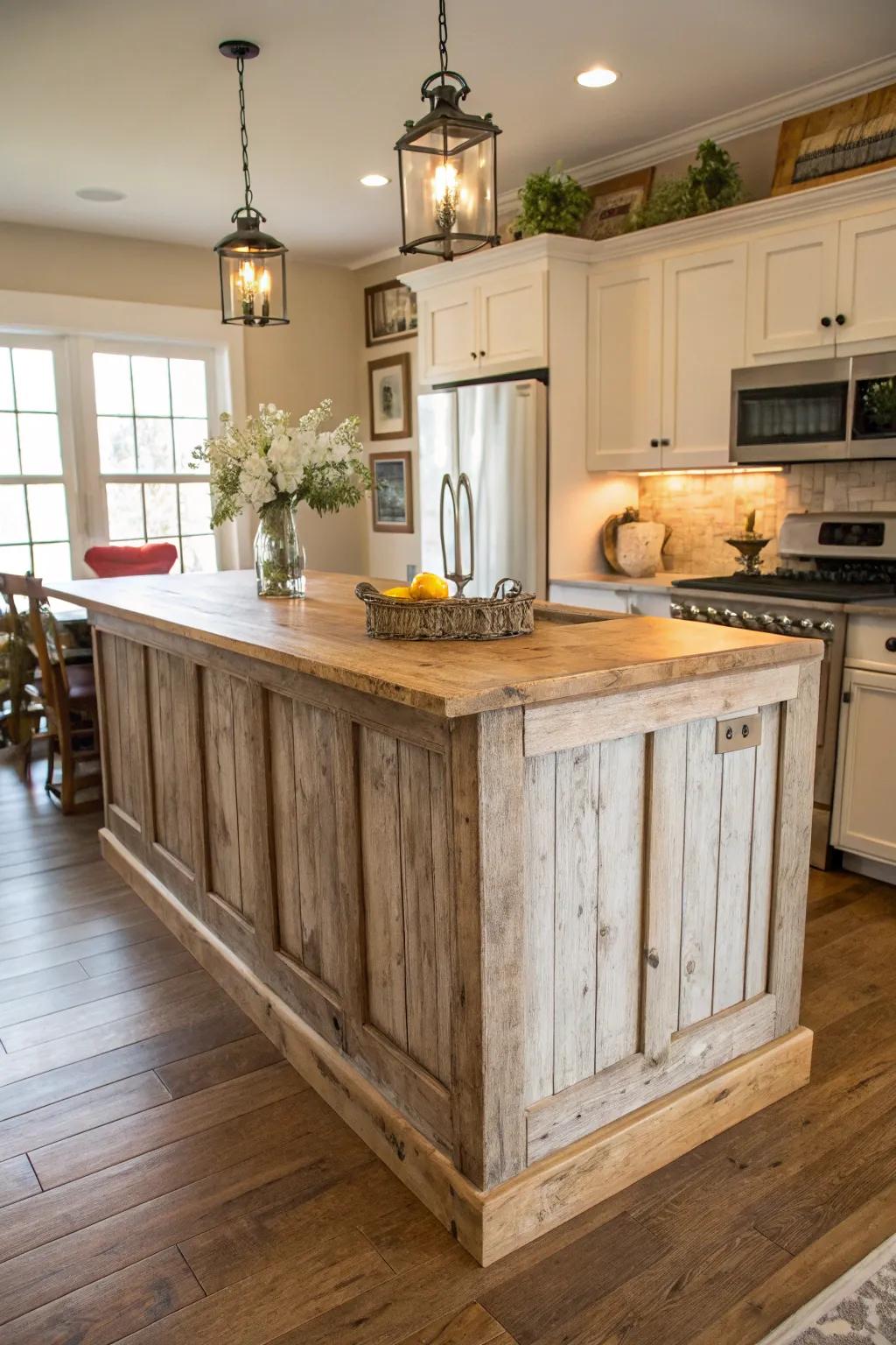 Distressed wainscoting adds farmhouse charm to this kitchen island.