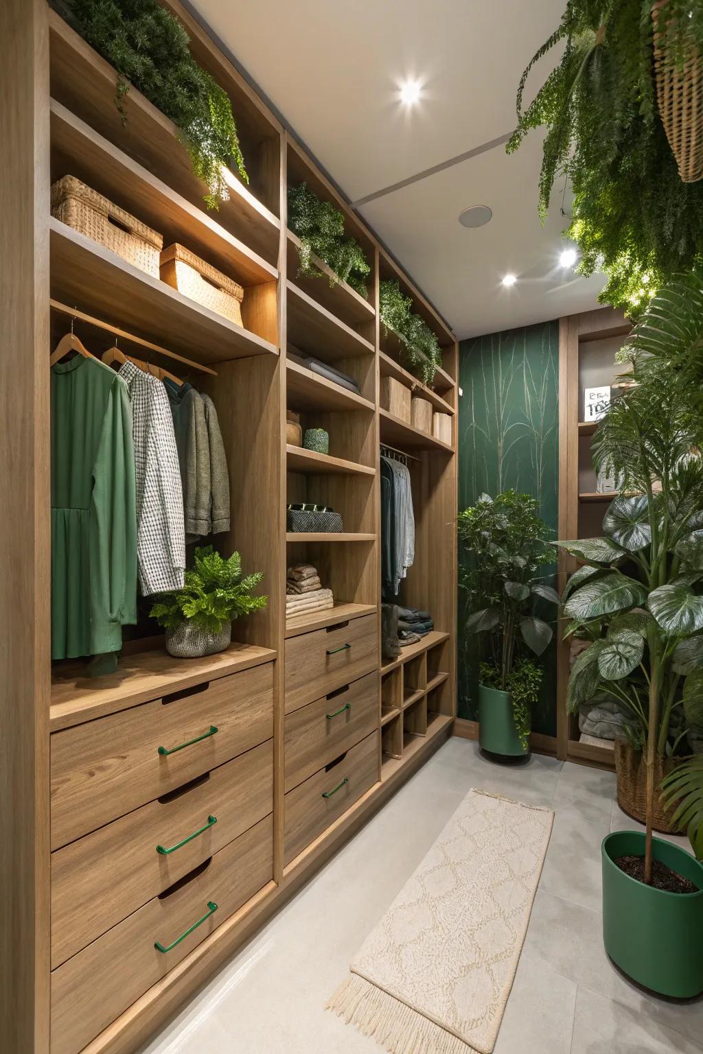 Earthy greens create a soothing and grounded closet space.