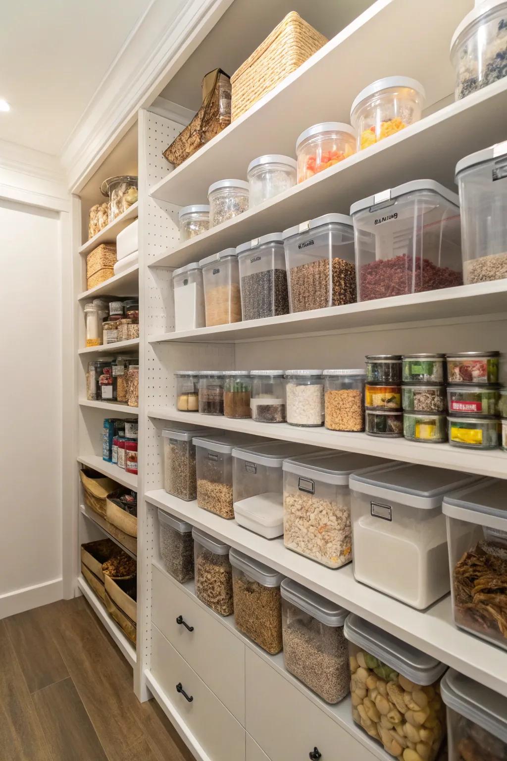 Clear storage containers in a walk-in pantry for organized visibility.