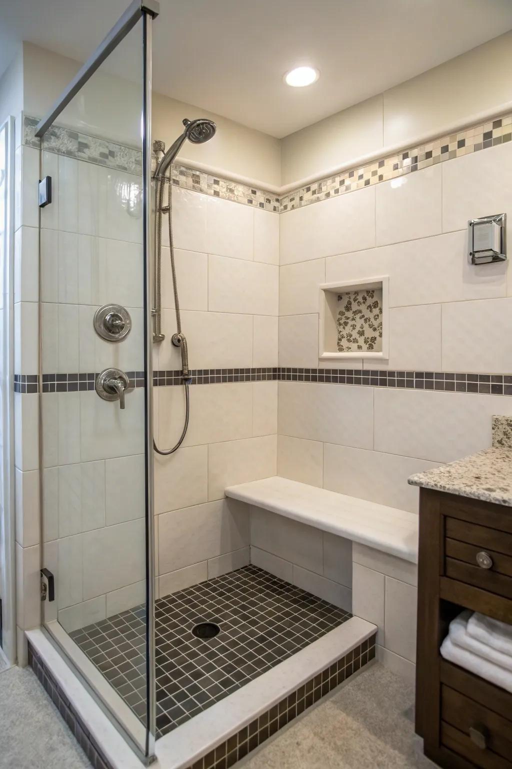 A corner bench maximizes space in this cozy shower.