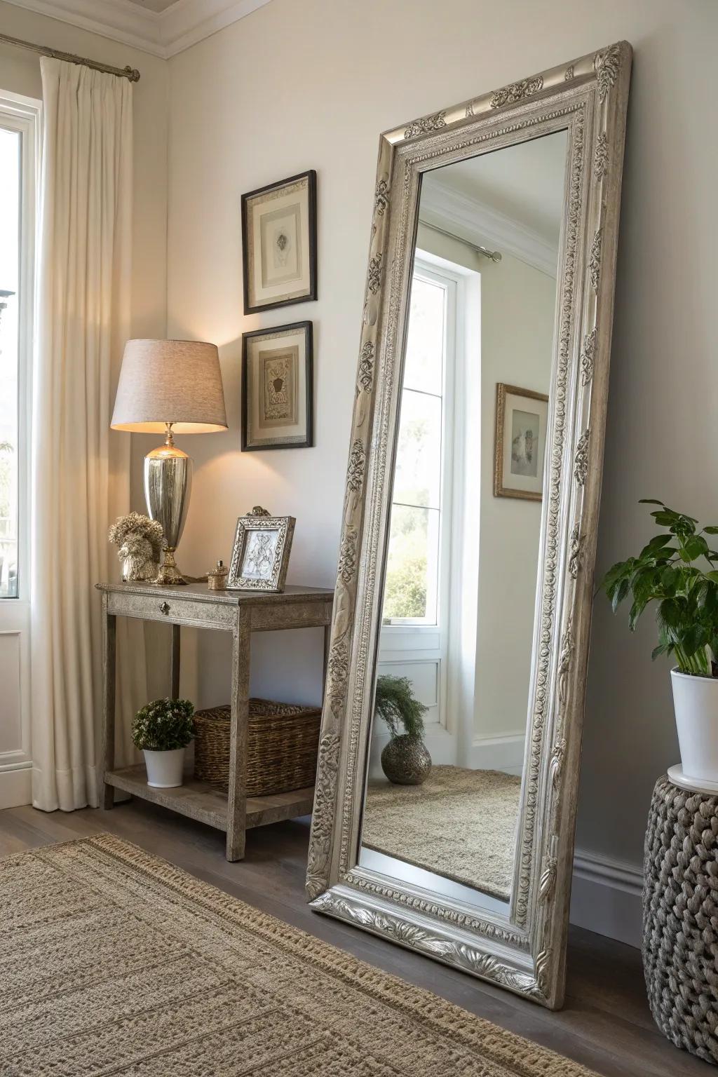 A decorative mirror enhancing the brightness and style of a room corner.