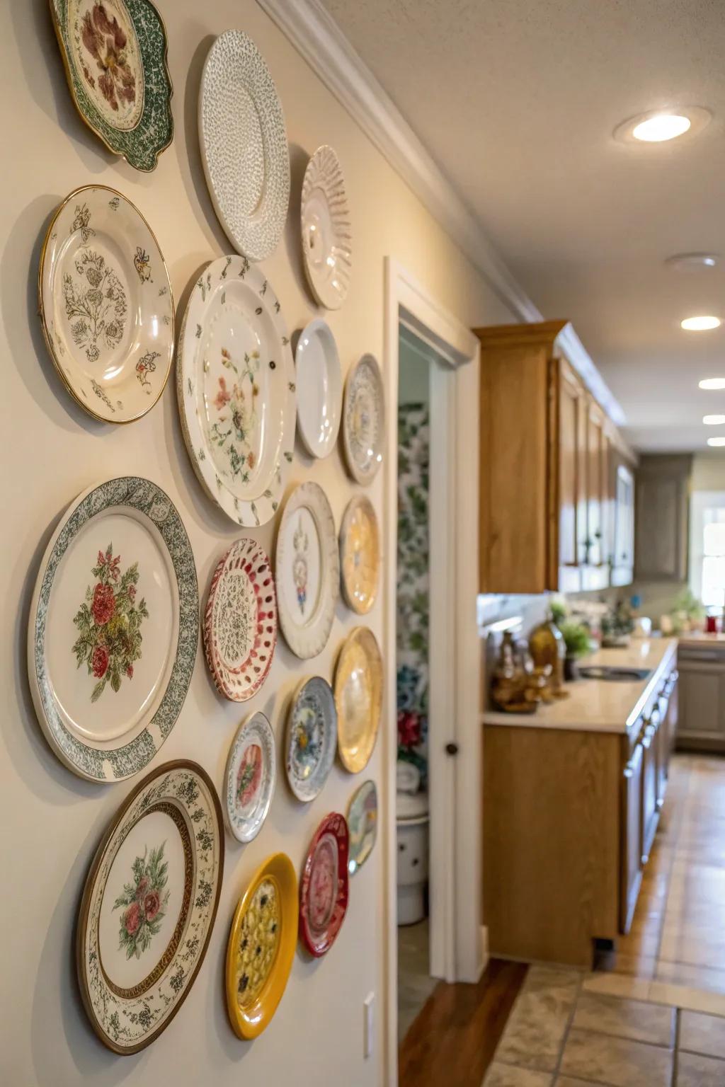 Vintage plates add charm and character to a kitchen wall.