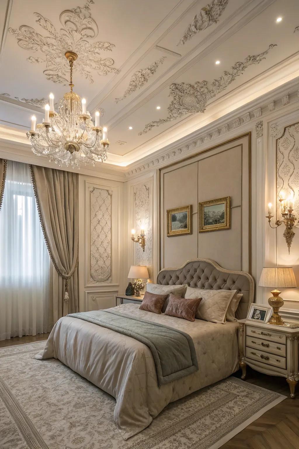 Bedroom with luxurious raised trimwork adding dimension to the walls.