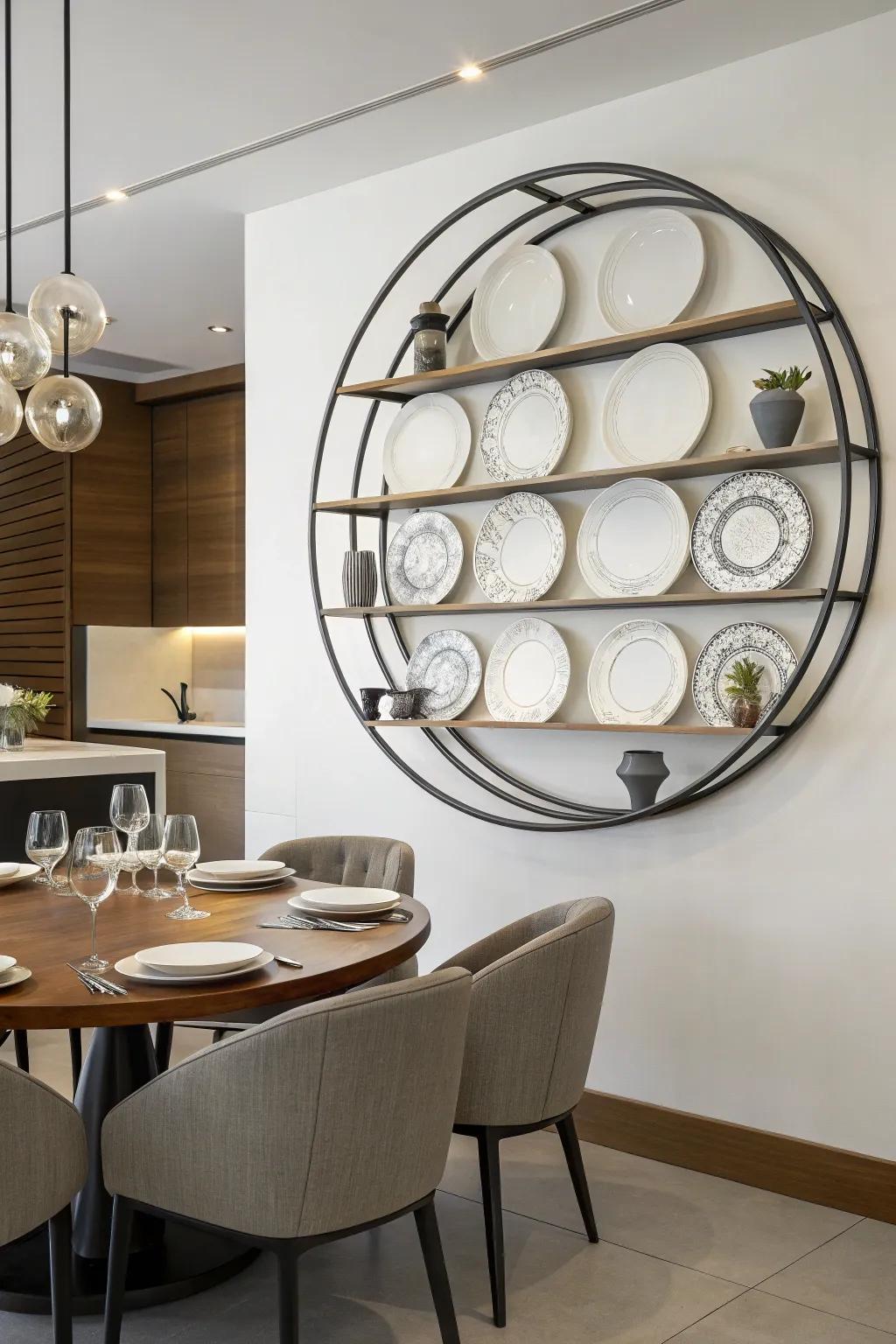 A circular plate rack creating an artistic wall feature in a dining area.