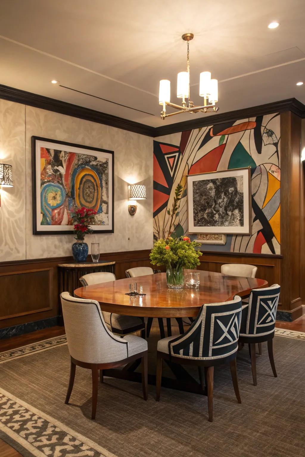 A sophisticated dining room with abstract art wallpaper.