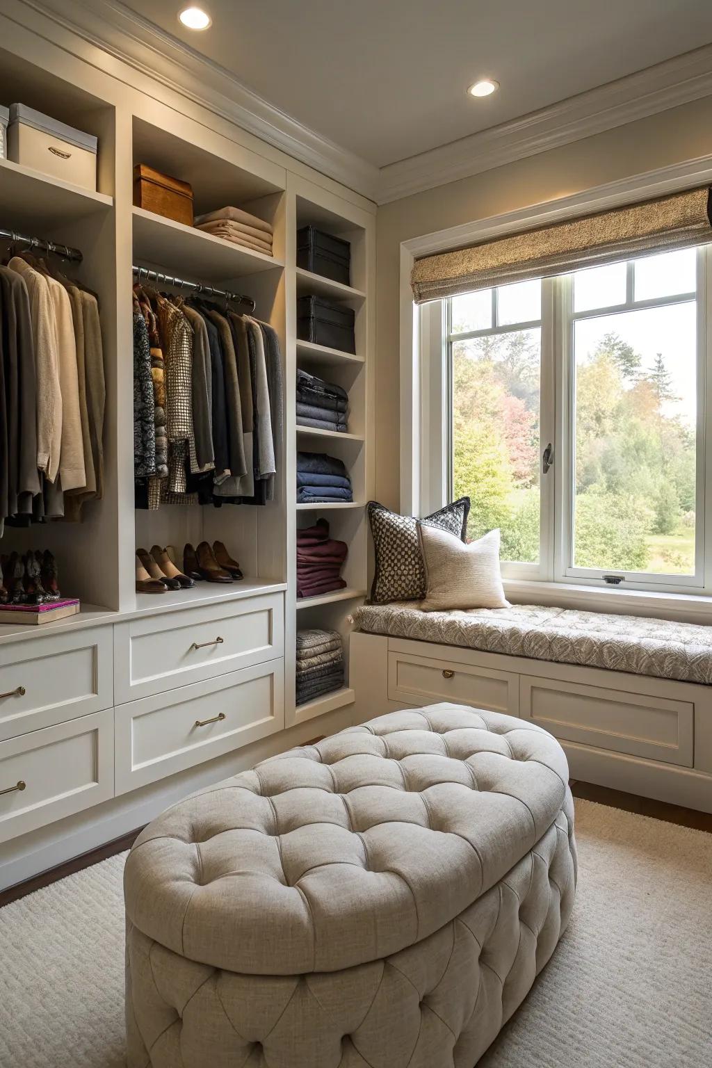 A seating area invites relaxation in your wardrobe room.