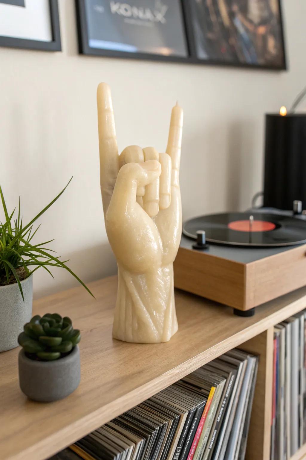 Express your love for music with a 'rock on' wax hand sculpture. Perfect harmony of minimalist design and boho flair.