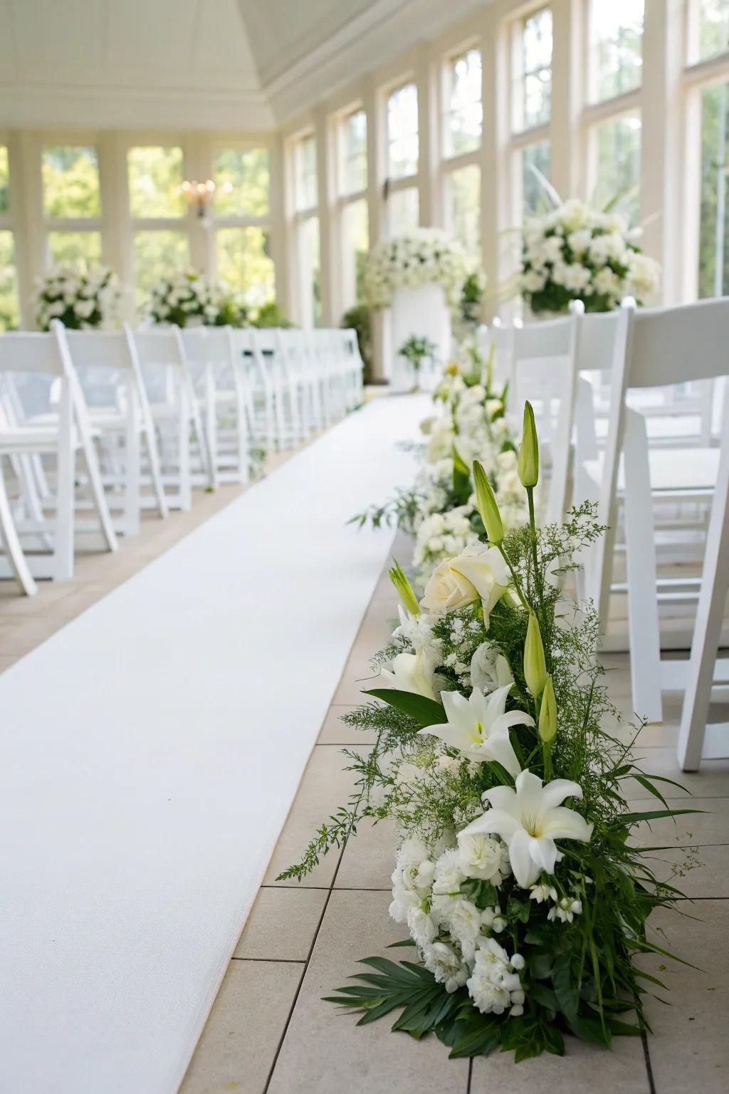 Minimalist wedding aisle with white lilies.