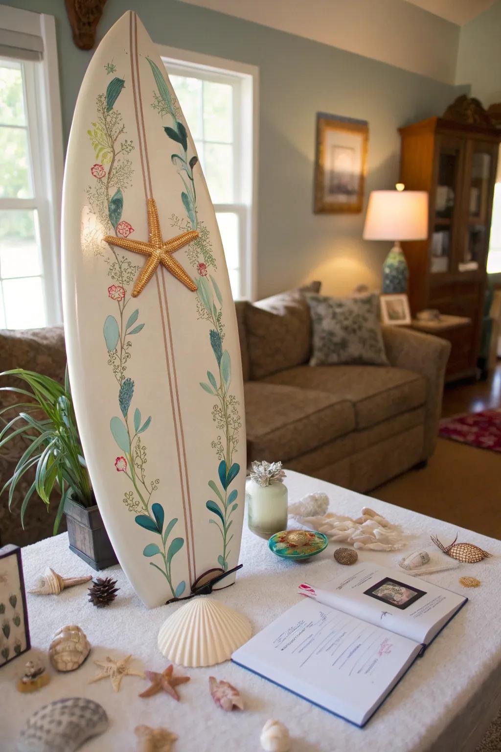 A surfboard guest book is perfect for ocean lovers.