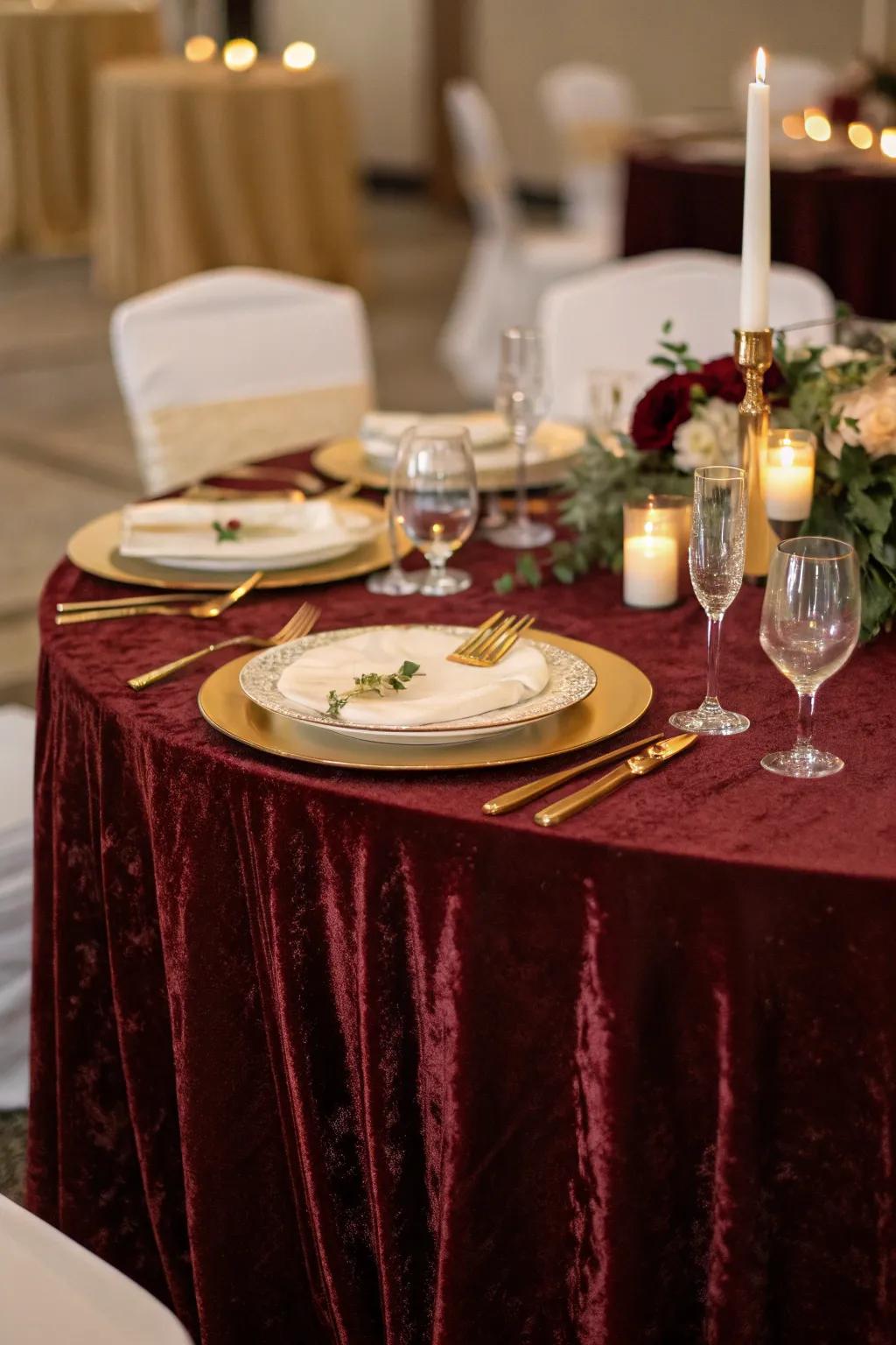 Velvet runners bring rich texture and luxury to wedding tables.