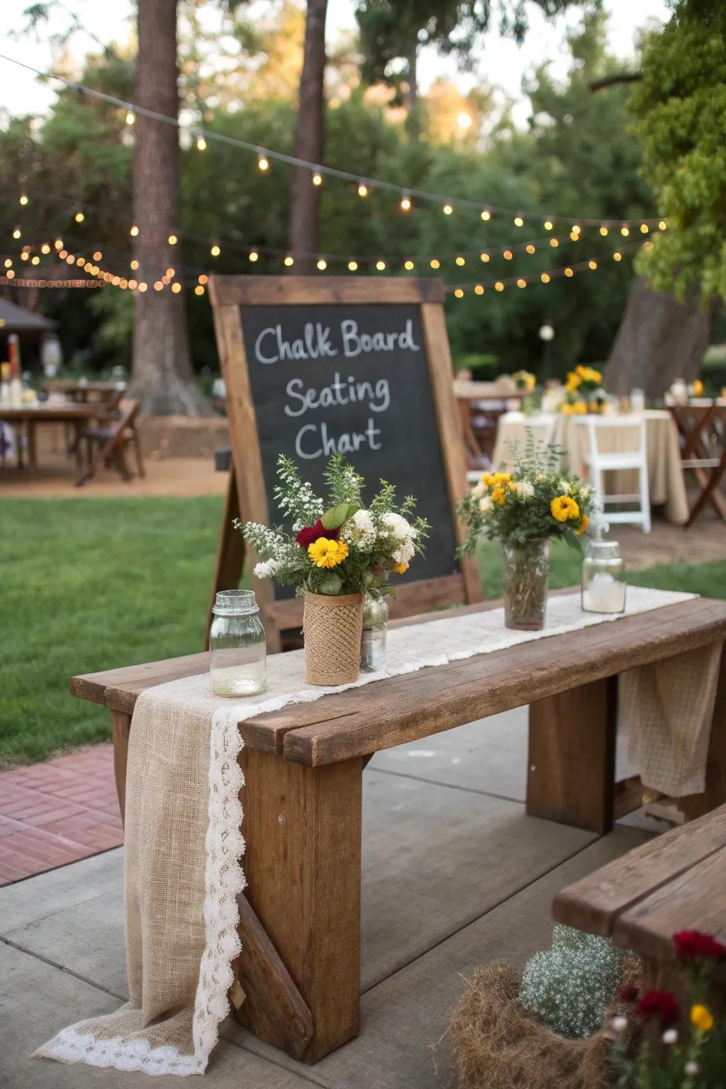 A charming chalkboard seating chart with handwritten names, perfect for a casual outdoor wedding.