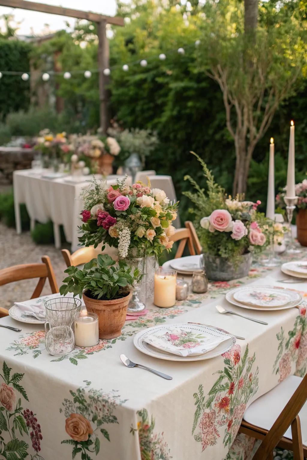 A garden party-inspired wedding table setting with floral accents and fresh greenery.