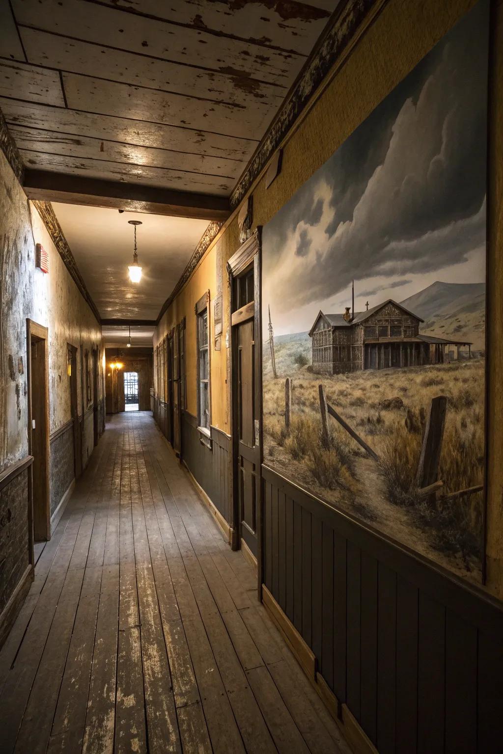 A painting of a western ghost town brings an air of mystery and history to this hallway.