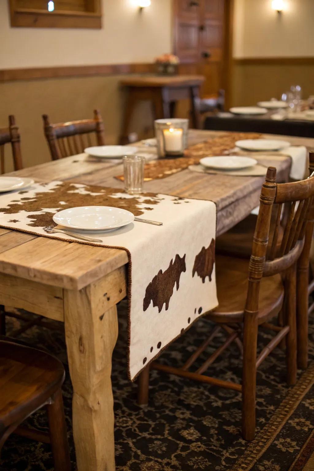 Small hide rug serving as a textured table runner.