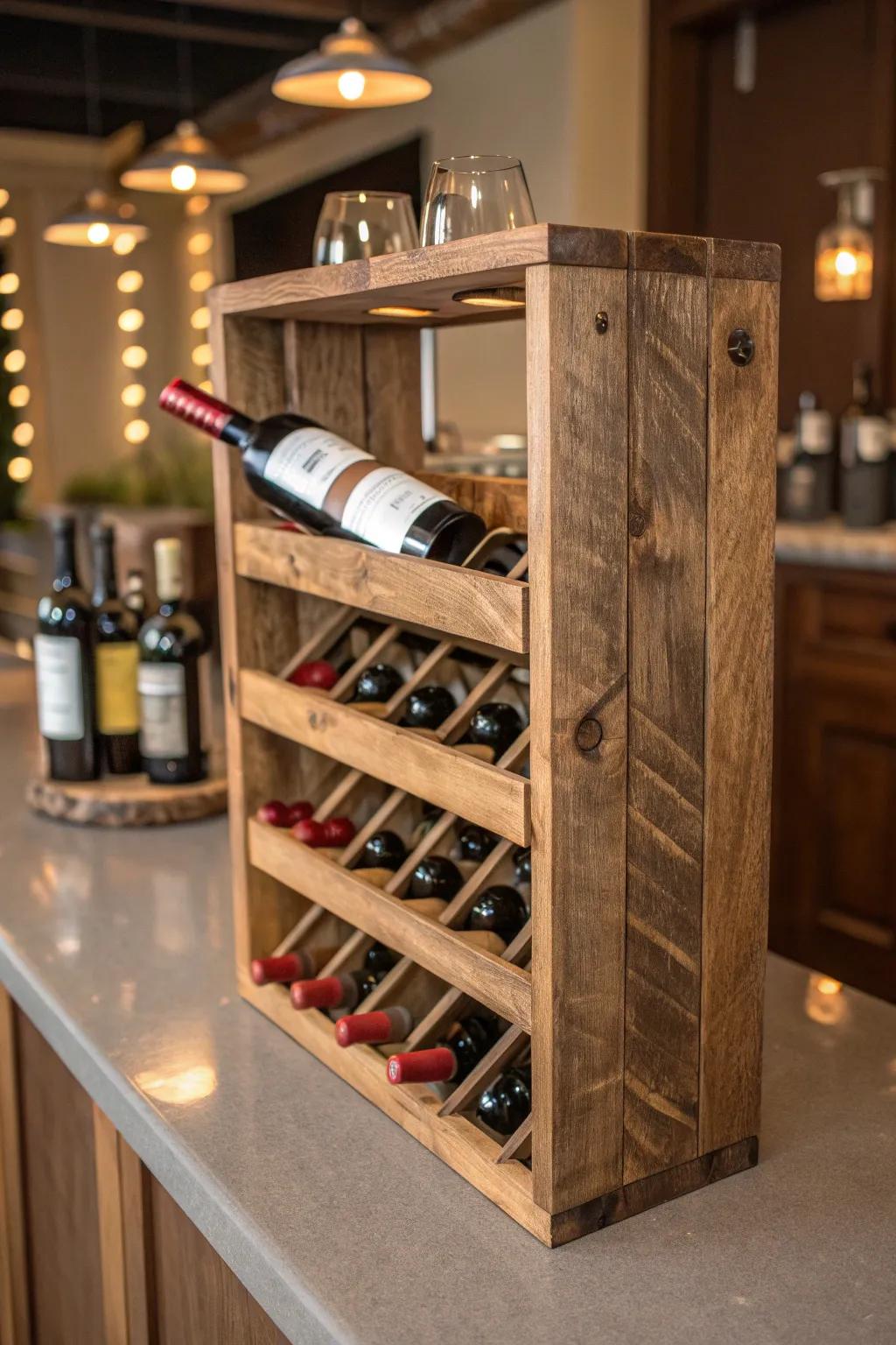 Crafted with care: A bespoke wine rack from leftover wood that transforms any space.