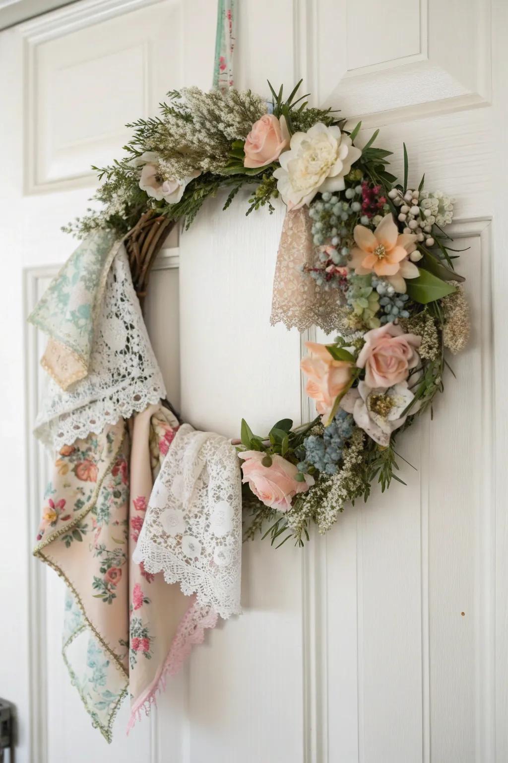 A charming blend of vintage handkerchiefs and florals creates a welcoming wreath that adds elegance to any entryway.