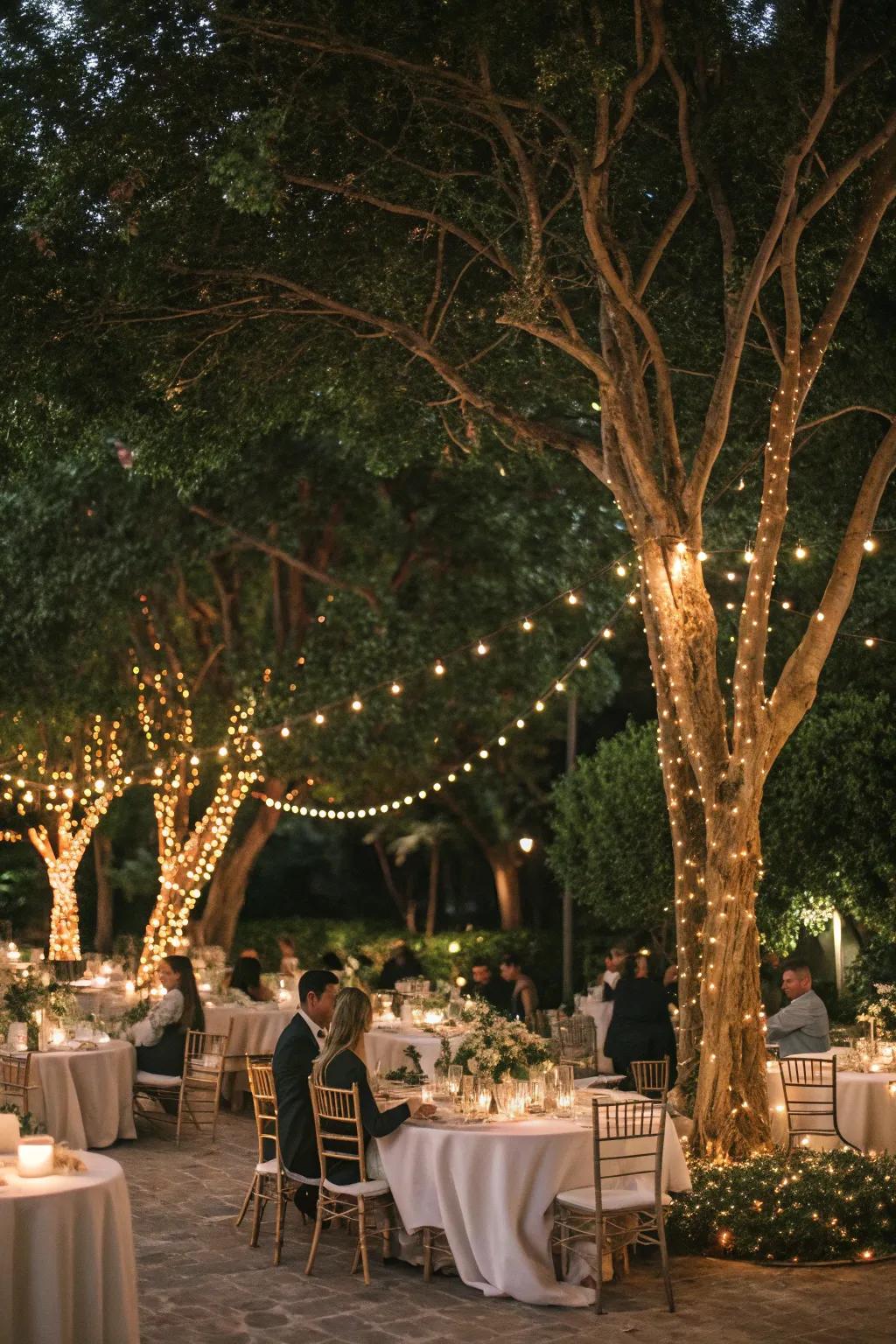 Tree centerpieces creating a magical ambiance at a wedding reception.