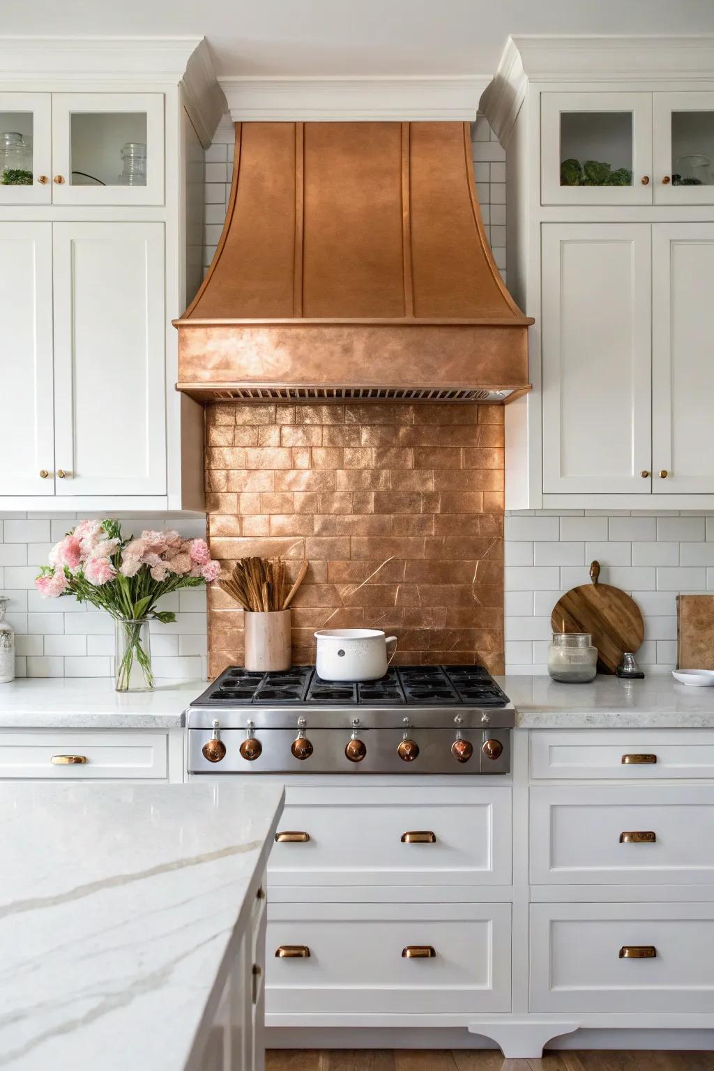 A copper backsplash adds warmth and texture to this kitchen.