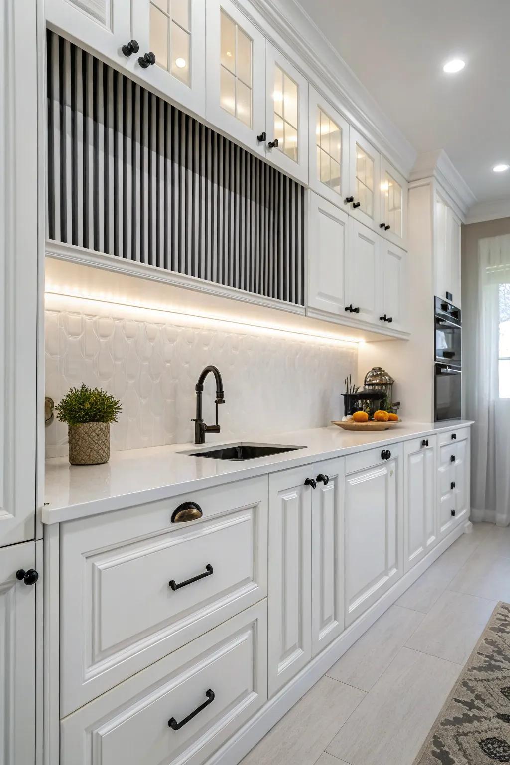 Black hardware complements the striped backsplash in a cohesive kitchen design.