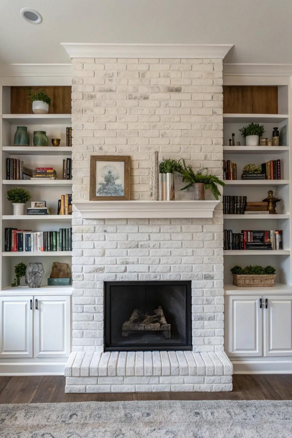 A whitewashed brick fireplace with matching built-in shelving.