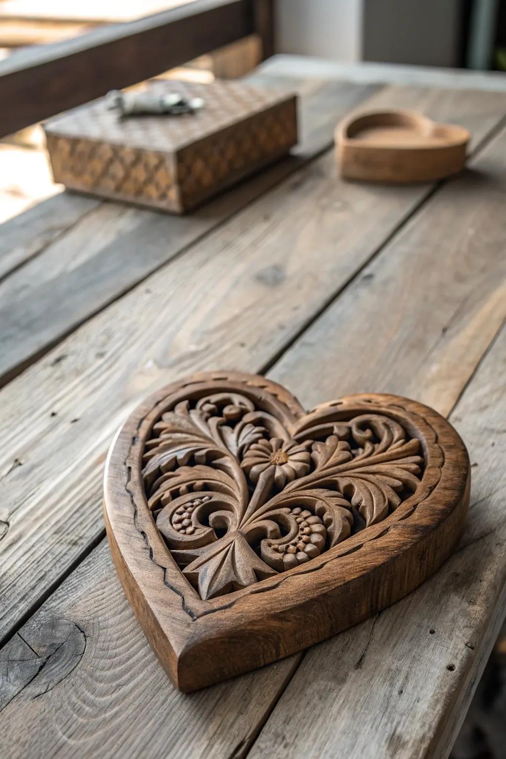 Capture the essence of craftsmanship with this intricately carved wooden heart—perfect for adding warmth to any space.