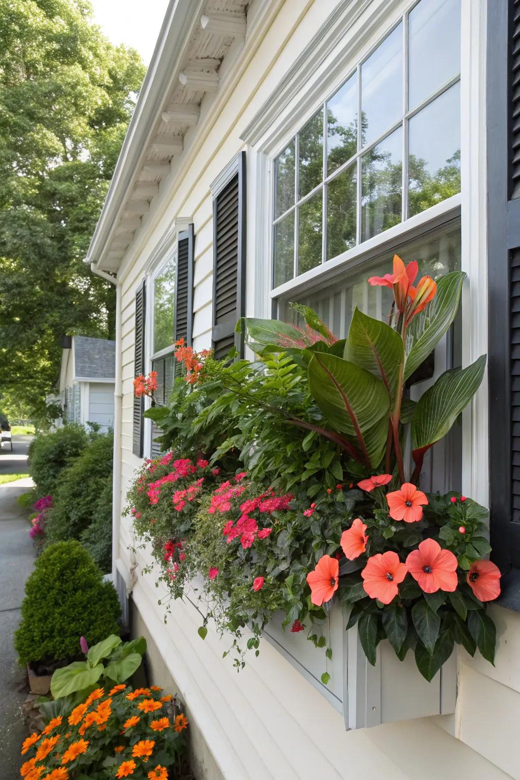 A lush tropical window box featuring bold hibiscus and canna lilies for a vibrant summer display.