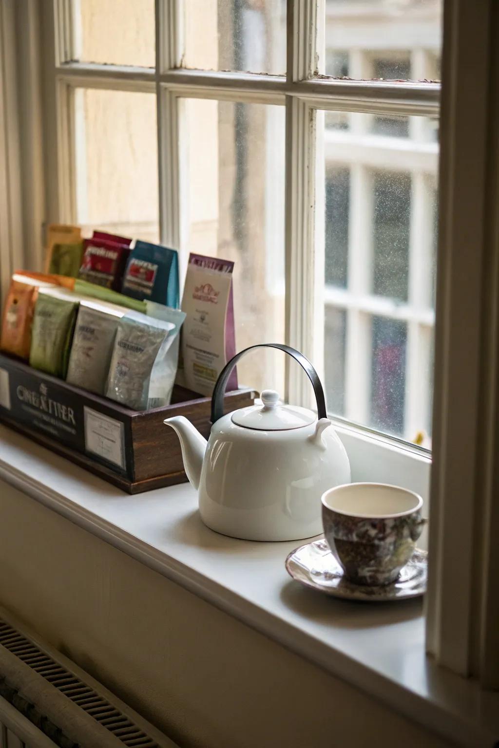 Create a tranquil tea station on your window shelf.