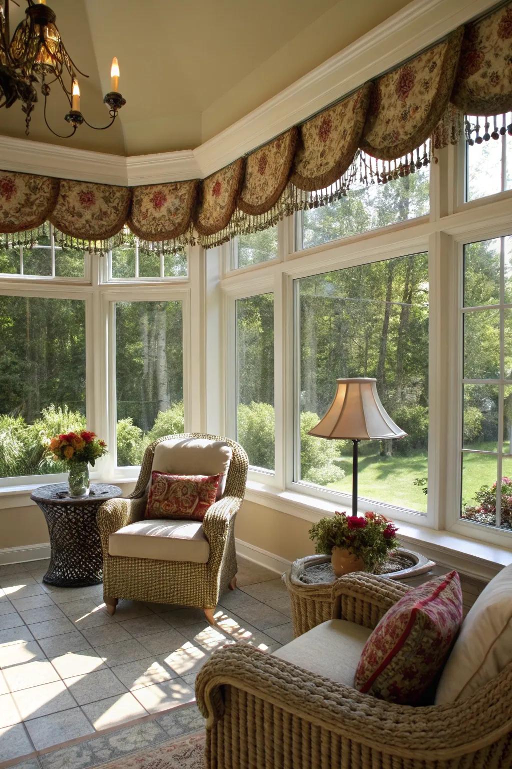 Sophisticated tassel trim valance in a sunroom.