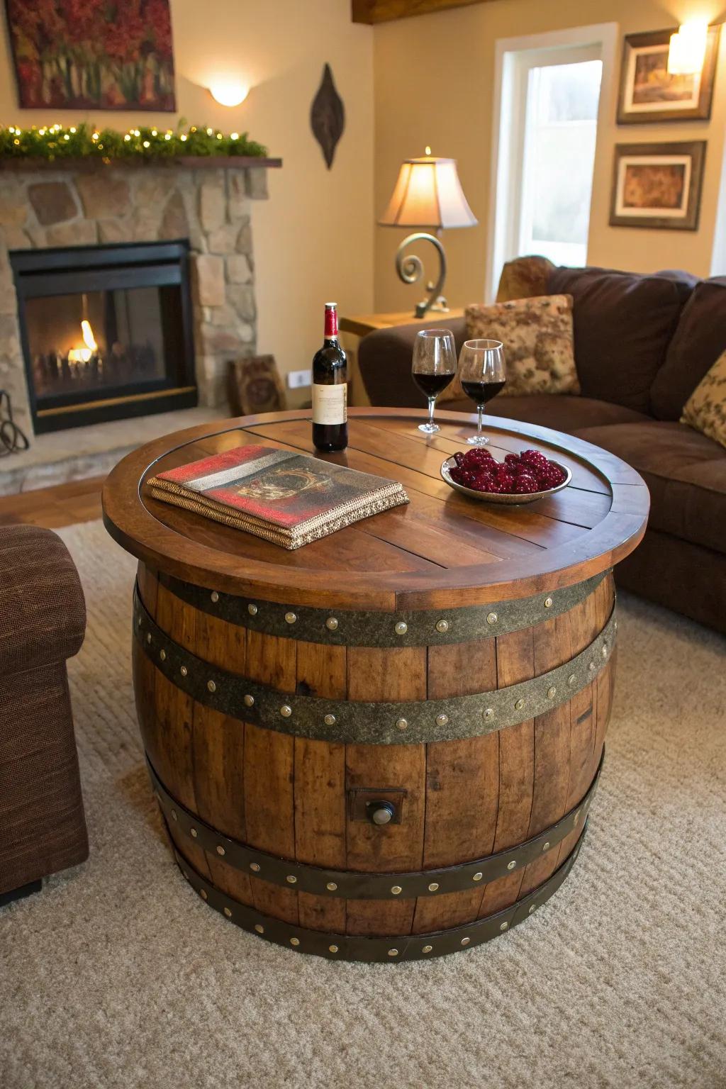 A wine barrel coffee table is a stylish living room centerpiece.