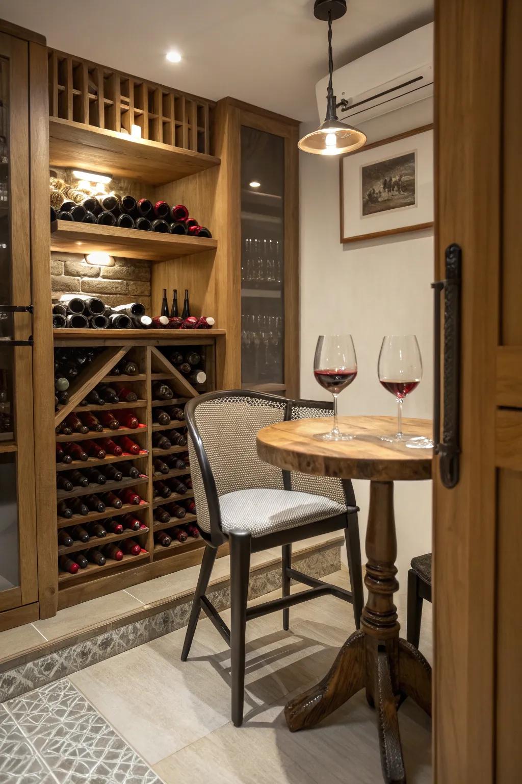 A wine closet with an inviting tasting corner