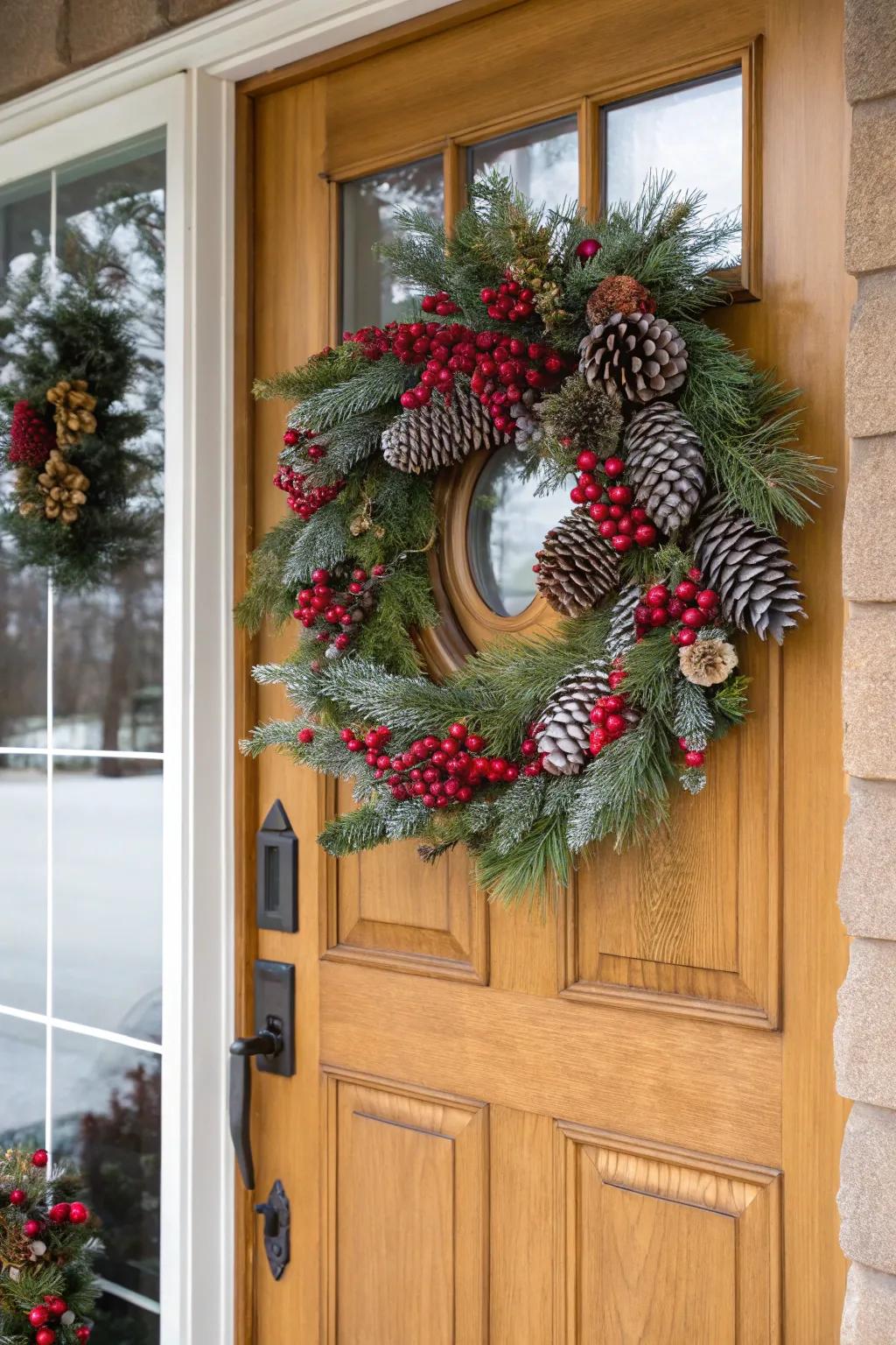 A charming winter wreath welcoming guests at the door.