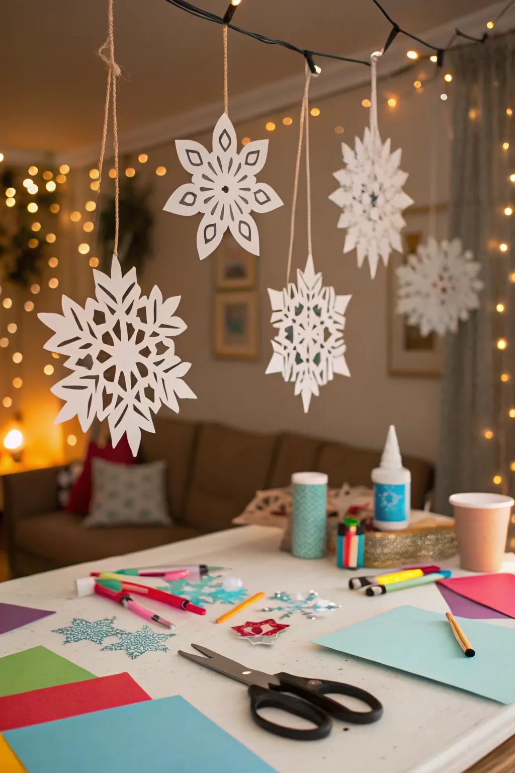 Encourage creativity with a snowflake crafting station.