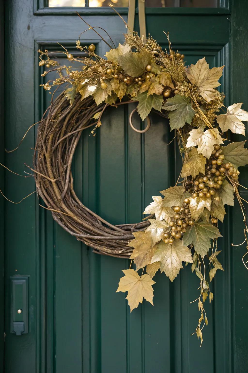 A touch of gold adds sophistication to a winter grapevine wreath.