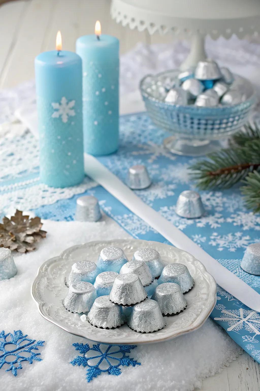 Shimmering silver chocolates that sparkle in the light.