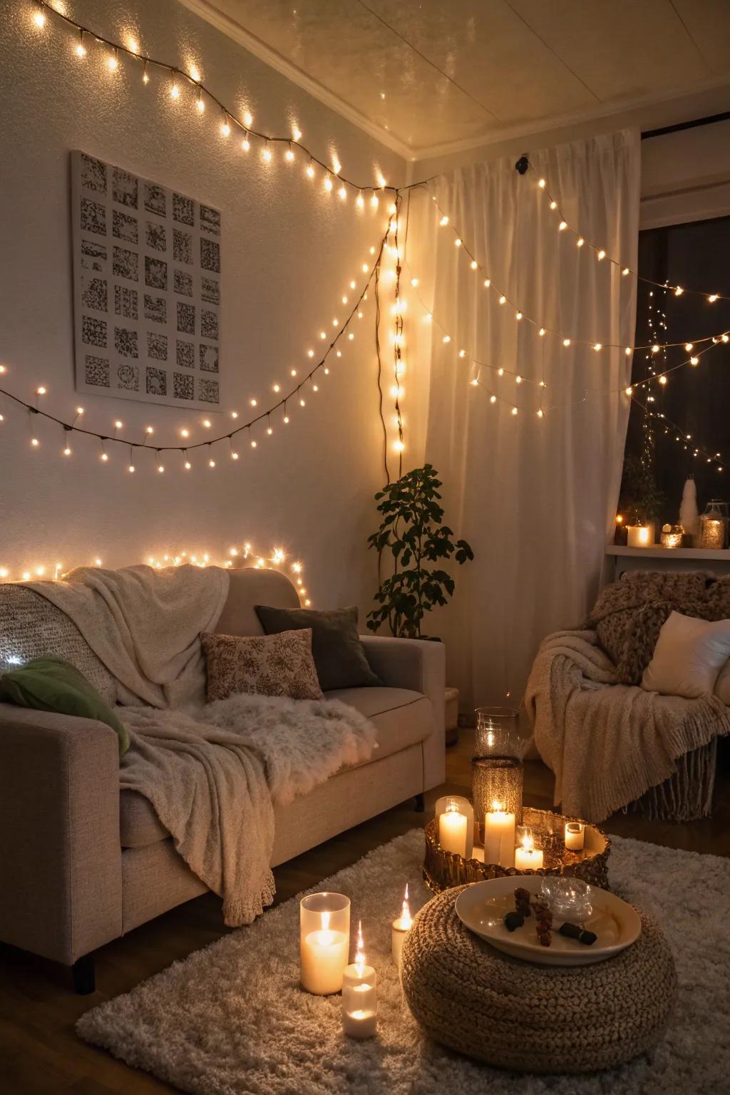 Soft lighting enhances the cozy feel of a winter wonderland.