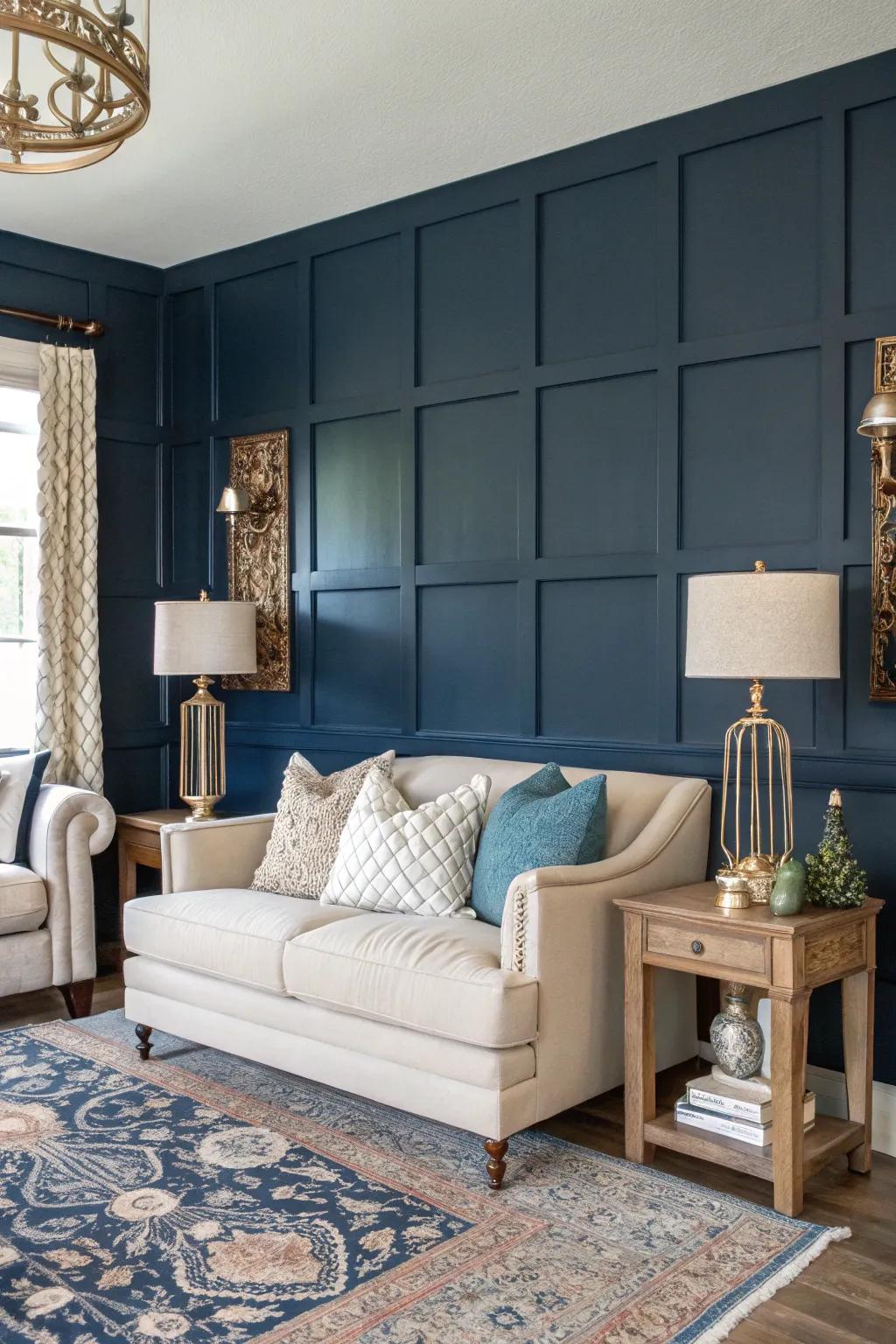 A living room with a bold painted navy blue wood accent wall.