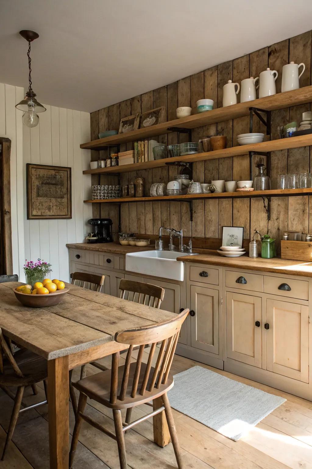 A farmhouse kitchen featuring a warm and inviting rustic barnwood backsplash.