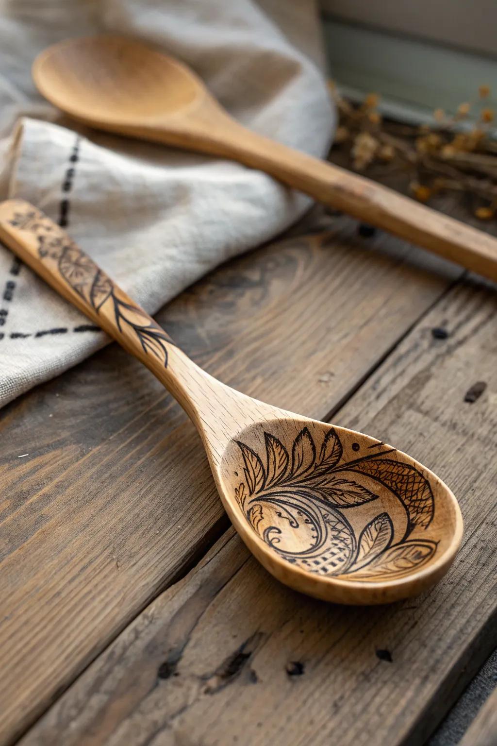 Elevate your kitchen aesthetic with artistically burned wooden spoons.