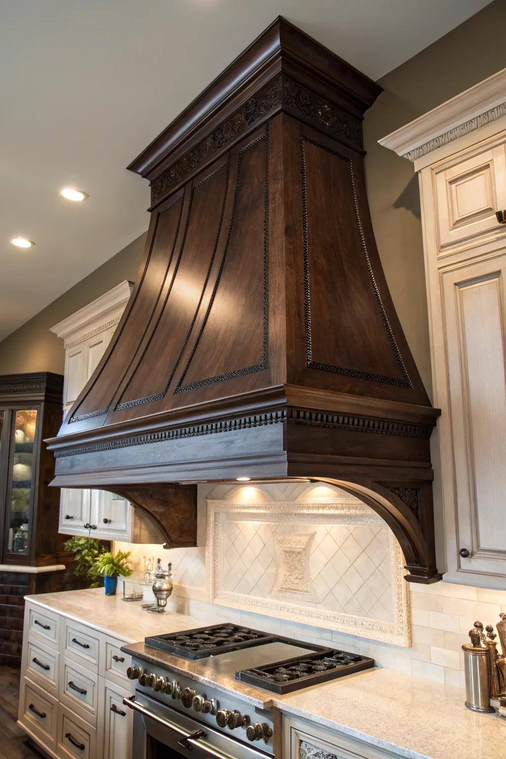 Elevate your kitchen space with the timeless elegance of a dark stained wood hood.